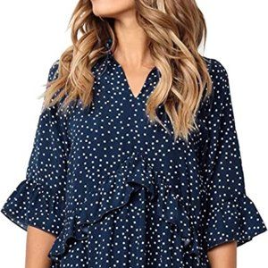 MITILLY Women's V Neck Ruffle Polka Dot Pocket Loose Swing Casual Short Dress, S